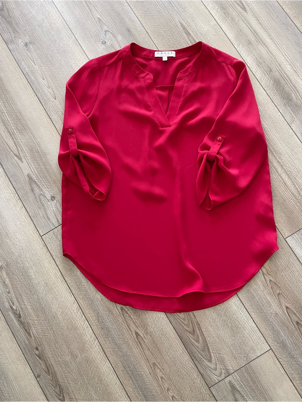 Chaus V-Neck Roll-Tab Sleeve Blouse in Red